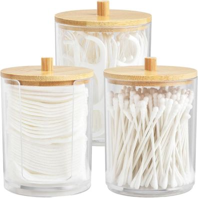 ALINK 3er Set Acryl Wattestäbchen Behälter mit Bambus Deckel - Stapelbar