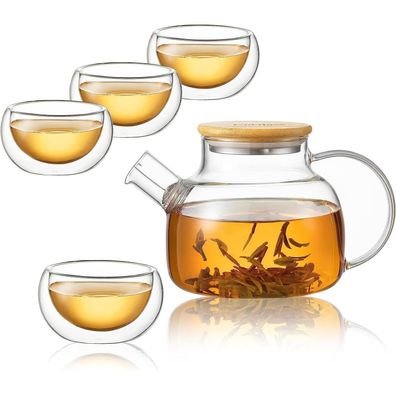 CnGlass Teekanne 900ml aus Glas, Herdplattensicher, mit 4x 100ml Doppelwandigen