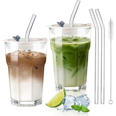ecooe 2 Stück Glasbecher mit Deckel und Strohhalm, 380ml, für Smoothies