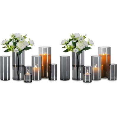 Glasseam 12er Glasvasen Set Zylinder Vasen Grau für Wohnzimmer Deko, Windlicht