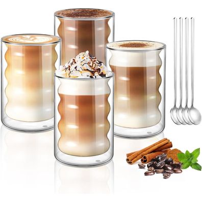 ecooe 350ml Doppelwandige Kaffeegläser, 4er Set, Spiralförmiges Design