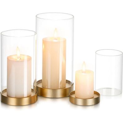 Glasseam Windlicht Set Groß, 3er Kerzenständer mit Glaszylinder, Gold/Klar