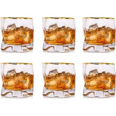 Glasseam Whiskey Gläser Set 6 Stück, Edel Rum Tumbler mit Goldrand, Klar, für