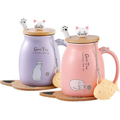MengCat Süße Keramik Katzen-Tasse mit Deckel & Löffel, 380ML, Rosa & Lila