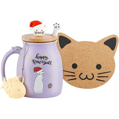 MengCat Katzen Tasse Weihnachten Keramik Kaffeetasse mit Deckel & Löffel