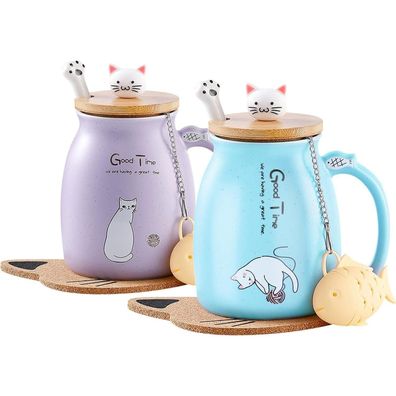MengCat Katzen-Tasse Keramik Kaffeetasse mit Deckel und Löffel, 380ML, Lila