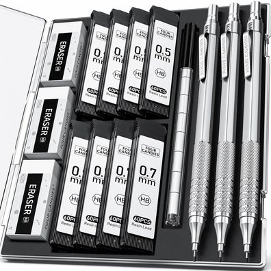 Four Candies Metall-Druckbleistift-Set, 3-teilig (0,5 mm, 0,7 mm, 0,9 mm) mit