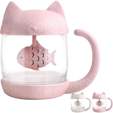 BigNoseDeer Glas Teetasse mit Fisch Infuser Sieb 250ML Rosa