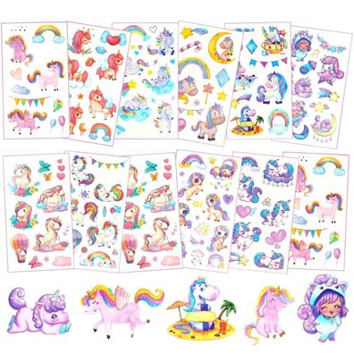 Einhorn Tattoos für Kinder, 12 Blätter, Regenbogen Pferde, wasserdicht