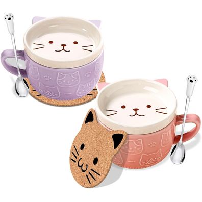 BigNoseDeer Süße Katze Tassen mit Deckel, 2er Set Lila & Rosa, Lustige