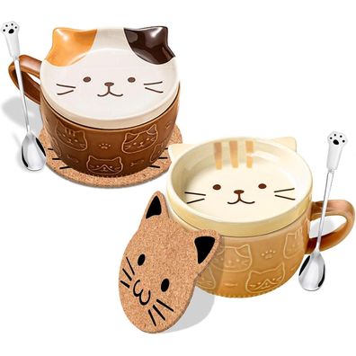 BigNoseDeer Keramik Katze Tassen mit Deckel, 2er Set, Braun & Gelb, Geschenk