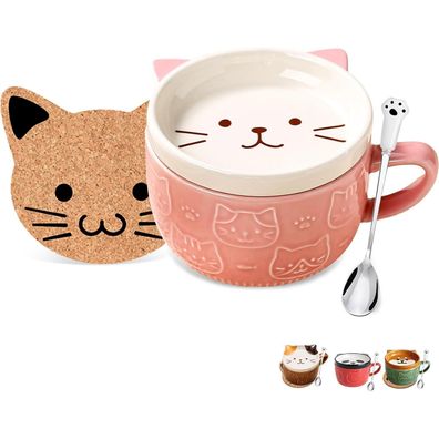 BigNoseDeer Rosa Katze Kaffeetasse mit Deckel Set - Süßes Kawaii Geschenk für