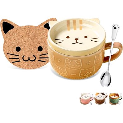 BigNoseDeer Süße Keramik Katze Tasse mit Deckel, Lustige Tier Kaffee Teetasse