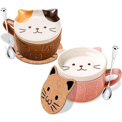 BigNoseDeer 2er Set Süße Keramik Katze Tassen mit Deckel - Personalisierte
