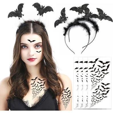 HOWAF Fledermaus Haarreif & Halloween Tattoos Set für Kostüme - Damen & Herren