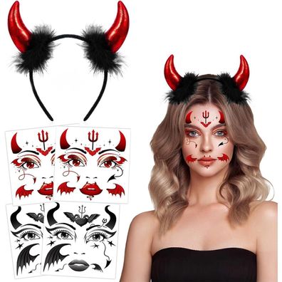 HOWAF Teufelshörner Haarreif & Halloween Tattoos - Perfekt für Karneval