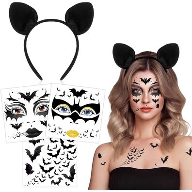 HOWAF Fledermaus Haarreif & Halloween Tattoos für Fledermauskostüm, Karneval