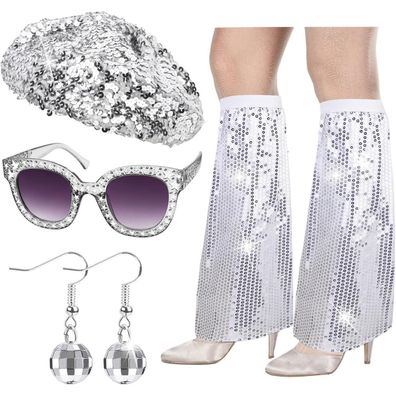 HOWAF 70er Jahre Disco Kostüm Set für Damen: Glitzer Baskenmütze, Pailletten