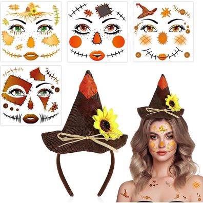 HOWAF Vogelscheuche Hut Haarreif & Halloween Tattoos für Kostüm Damen Herren