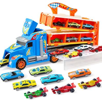 JOYIN Transporter Truck Spielzeugautos für Kinder ab 3 Jahren, Rennbahn mit