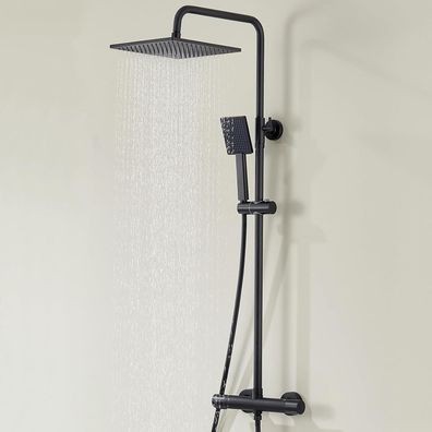 Auralum Duschsystem Schwarz mit Thermostat-Armatur, Regendusche 25x25cm und