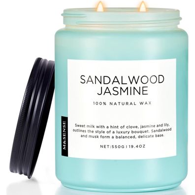 M&SENSE SandalwoodJasmin Duftkerze im Glas, 550g, 2 Baumwolldochte, 110 Stunden