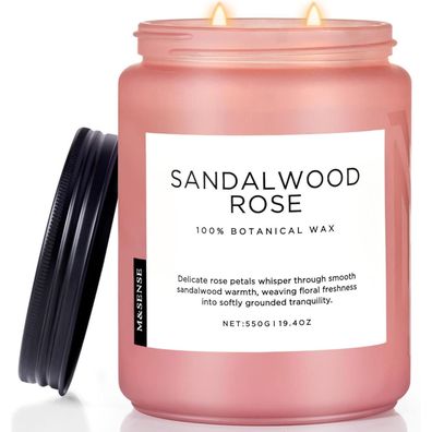 M&SENSE Sandelholz Rose Duftkerze 550g - 2-Docht Intensive Holznote, Natürliche
