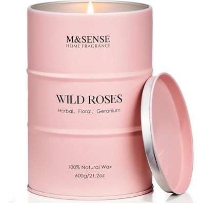 M&SENSE Große Duftkerze Wilde Rose im Glas, 600g Sojawachskerze mit 130 Std