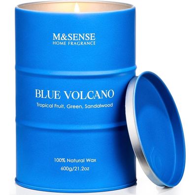 M&SENSE Blaue Vulkan Duftkerze im Glas, Sojaduftkerze groß, 600g, 130 Stunden