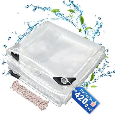 HaiTaoSy Wasserdichte Transparente Abdeckplane mit Ösen, 3x3m, 420g/m² PVC, für