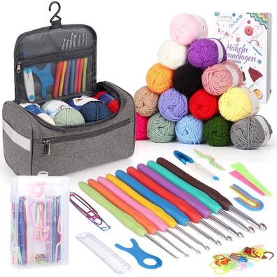 Coopay Tragbares Häkelset für Anfänger mit 15 Wollfarben, ergonomischen und