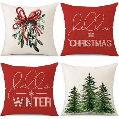 Sungeek 4er Set Weihnachten Kissenbezüge, Leinen Deko Kissenhülle für Sofa