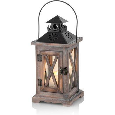 Sziqiqi Laterne Kerzenhalter Vintage Windlicht Holz Metall Rustikal 28cm Antik