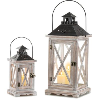 Sziqiqi Laterne Kerzenhalter Set (28cm & 48cm) Vintage Windlicht Holz Metall
