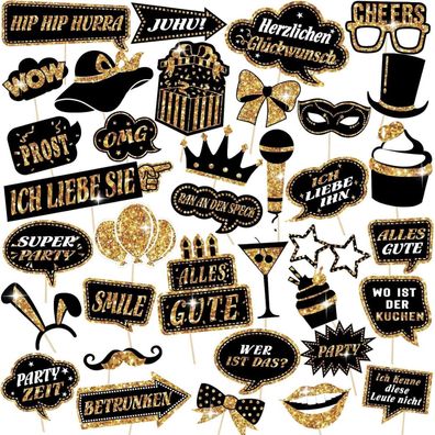 36 Stück Foto Requisiten Set Gold - Fotobox Accessoires für Party, Hochzeit