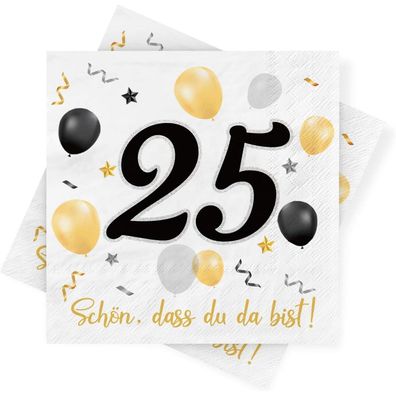 Servietten 25. Geburtstag, 30 Stück, Schwarz-Gold, Ballonmuster, Schön, dass Du