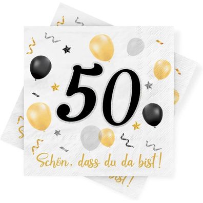 Servietten 50. Geburtstag, 30 Stück Schwarz Gold, Schön dass Du da bist, 3-lagig