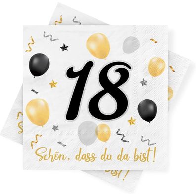 Servietten 18. Geburtstag, 30 Stück, Schwarz Gold, Deko Schön, dass Du da bist