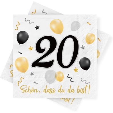 Servietten 20. Geburtstag, 30 Stück Schwarz-Gold, 3-lagig, Deko für Feier