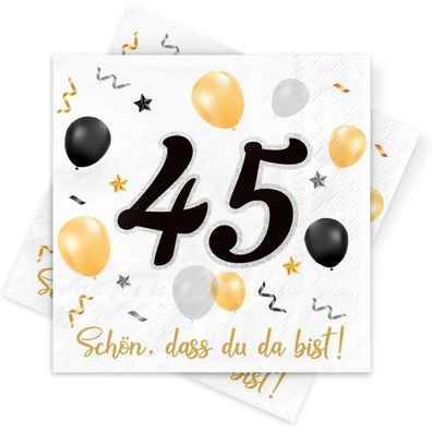 Servietten 45. Geburtstag, 30 Stück, Schwarz-Gold, Deko Schön, dass Du da bist