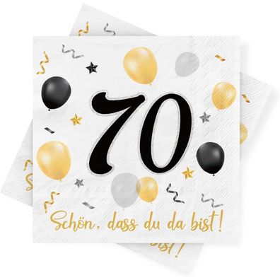 Servietten 70. Geburtstag, 30 Stück, Schwarz-Gold, 3-lagig, Deko für Feier
