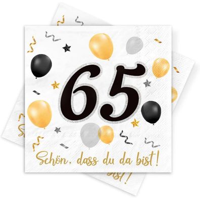 Servietten 65. Geburtstag, 30 Stück, Schwarz-Gold, Schön, dass Du da bist
