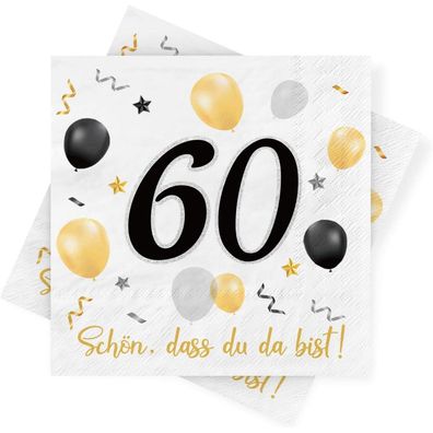Servietten 60. Geburtstag, 30 Stück, Schwarz Gold, Deko Schön, dass Du da bist