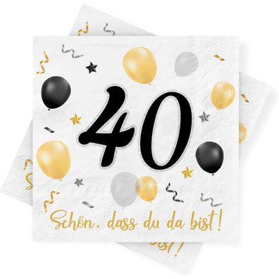 Servietten 40. Geburtstag, 30 Stück, Schwarz-Gold, 3-lagig, Deko für Feier
