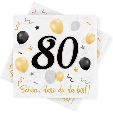 Servietten 80. Geburtstag, 30 Stück, Schwarz-Gold, Ballon-Muster, "Schön, dass