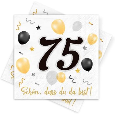 Servietten 75. Geburtstag, 30 Stück, Schwarz-Gold, Deko Schön, dass Du da bist