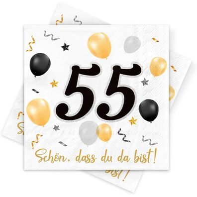 Servietten 55. Geburtstag, 30 Stück, Schwarz Gold, 3-lagig, Tischdekoration für