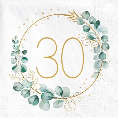 30. Geburtstag Servietten Eukalyptus Gold Grün, 40 Stück Papierservietten für