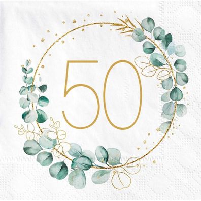 50. Geburtstag Deko Servietten, 40 Stück Eukalyptus Grün Gold, Papierservietten