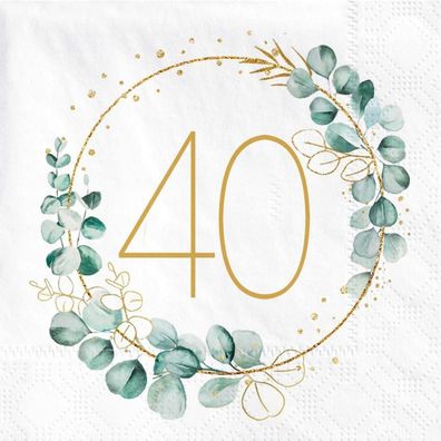 40. Geburtstag Servietten, 40 Stück Eukalyptus Design, Gold Grün